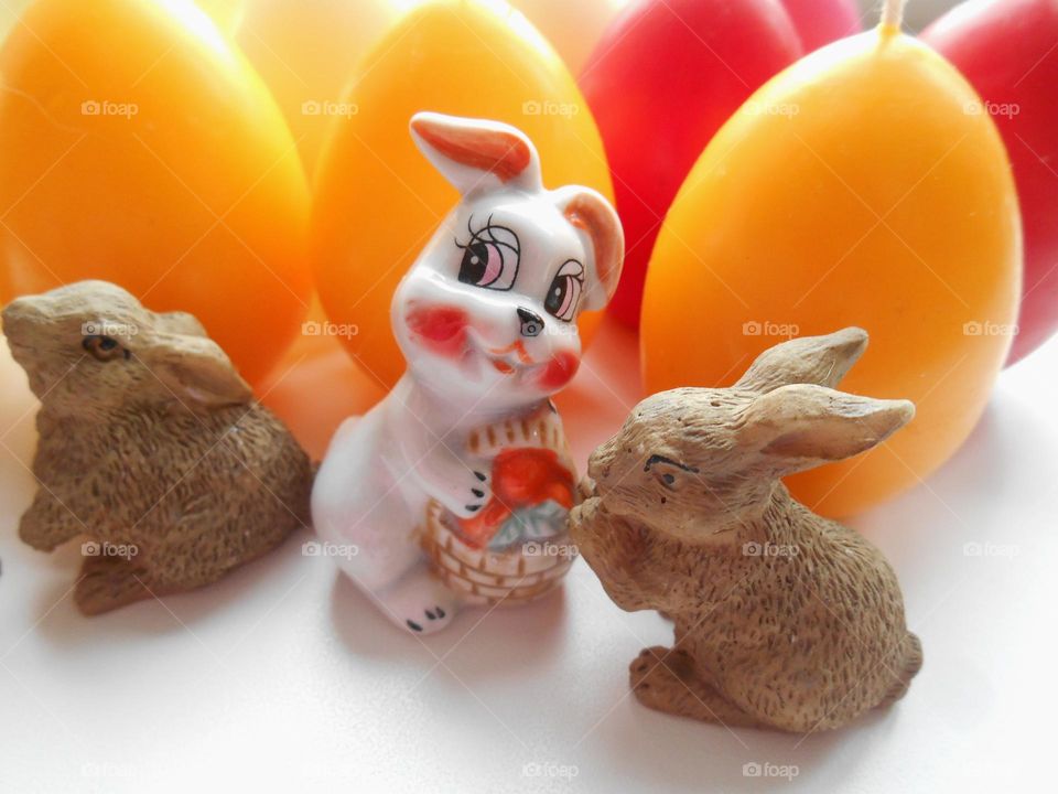 decorative rabbits souvenirs and eggs spring holiday, symbol New Year