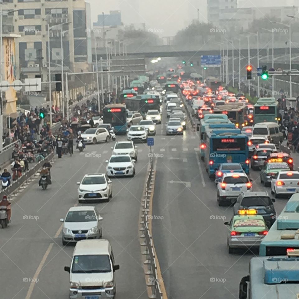 Traffic jam on Wenhua road, Zhengzhou, Henan, China