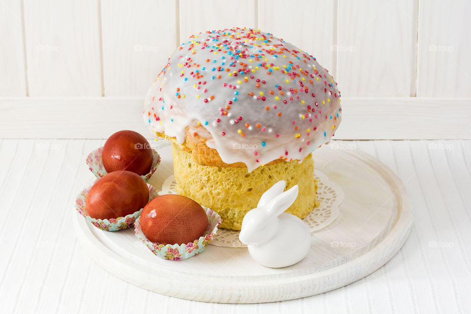Easter iced cake with painted eggs