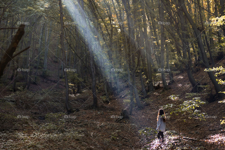 A woman under the sunbeam in the forest