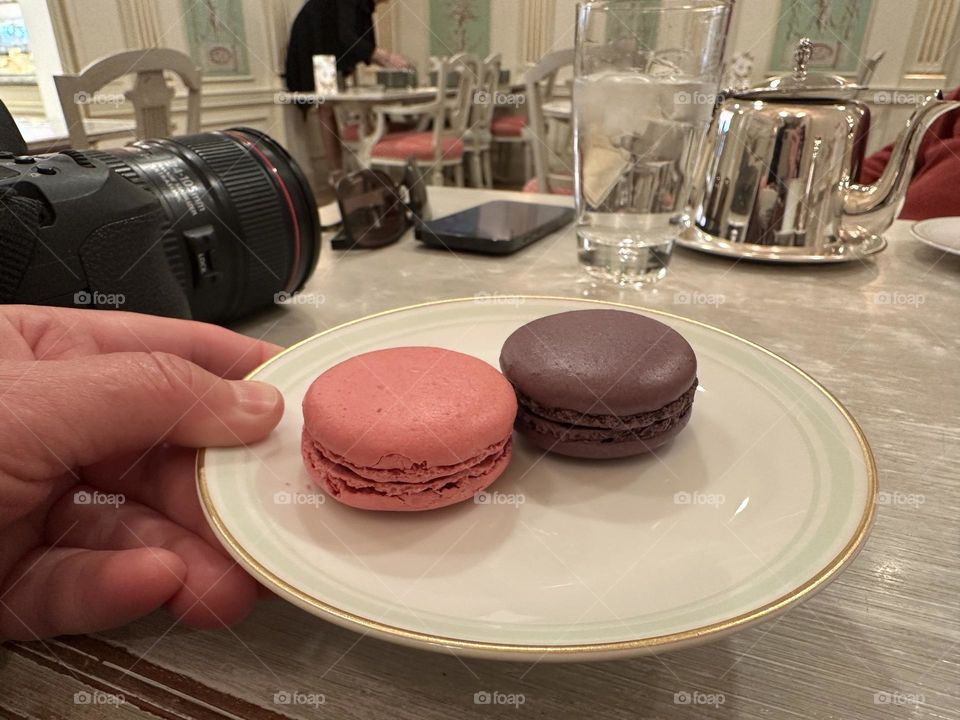 Hand holding plate with macarons 