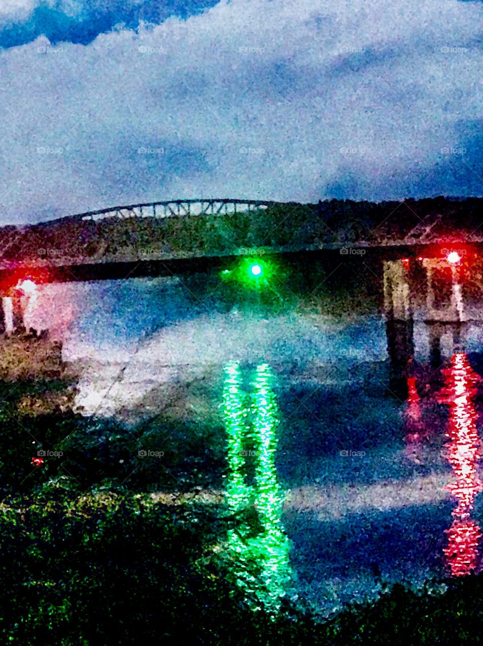 Bridge Lights Over Mississippi River at Dusk in Louisiana, Missouri.