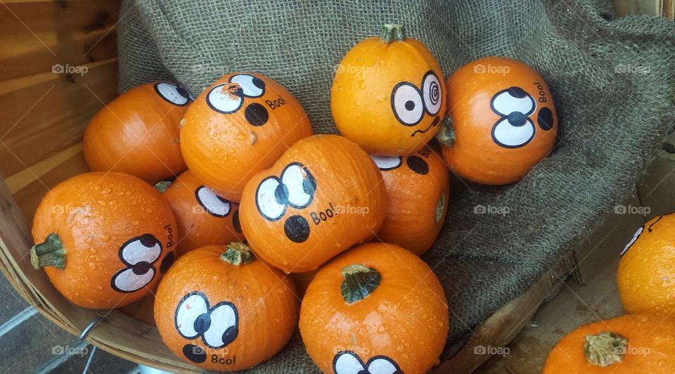 Halloween Decor. Little Painted Scary Pumpkins
