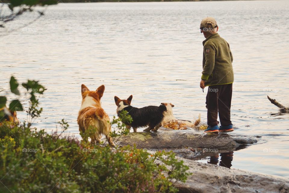 Boy playing with dogs at the lake