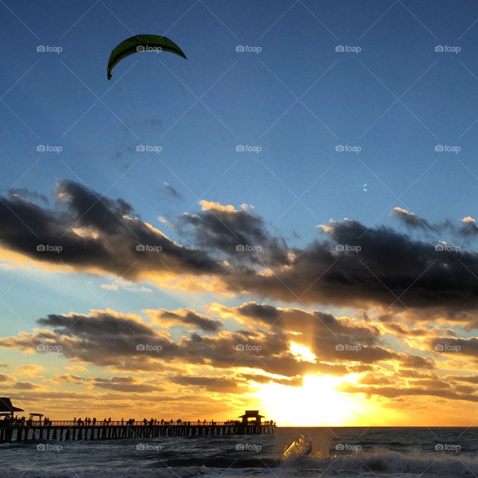 Kite Boarding at sunset 