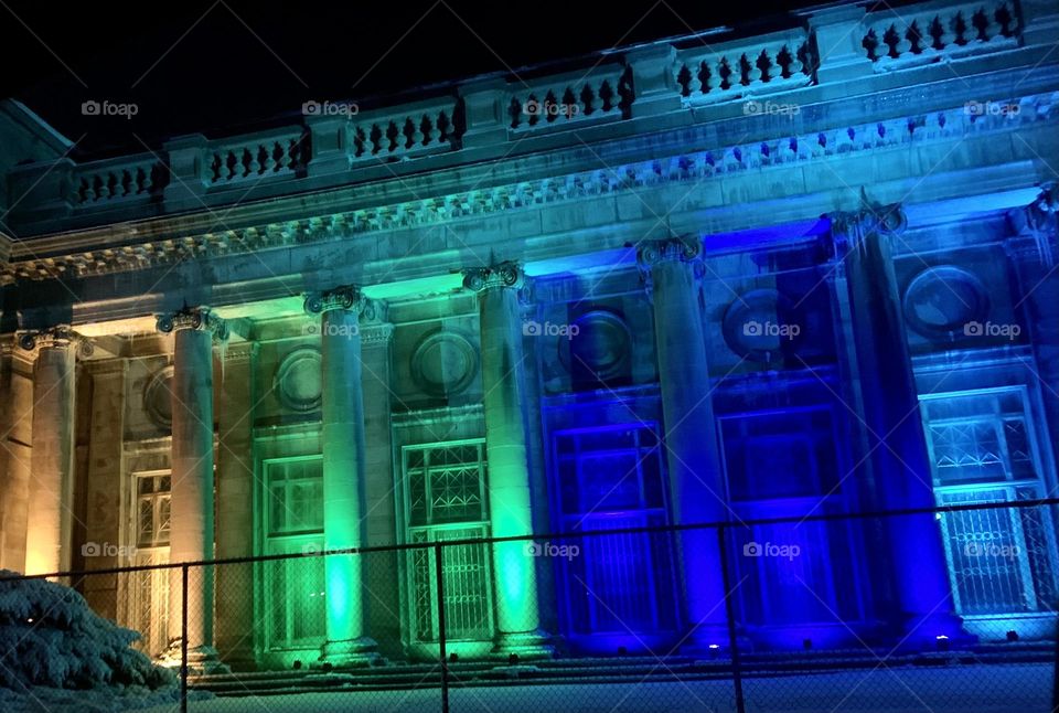 Hydro station building in Niagara Falls, Ontario Canada during the festival of lights 