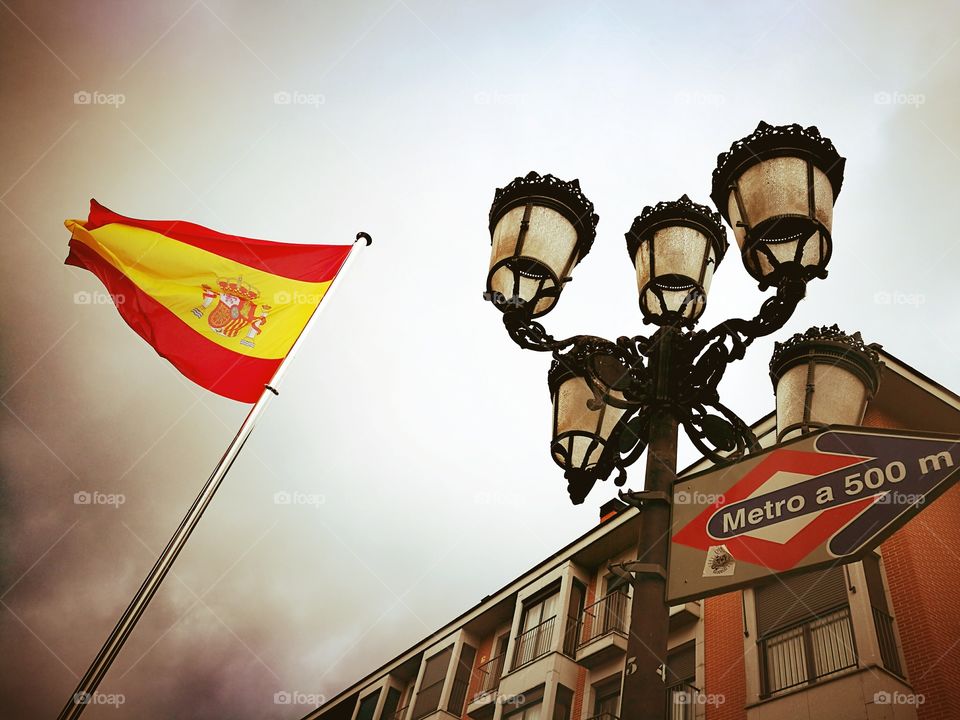 Flag on spin near street light