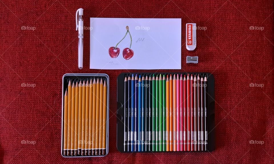 Cherries on a stem coloured pencil drawing created using the Arteza Coloured Pencils, Koh-I-Noor pencils and a white gel pen! *Used in the 'Flat Lay' mission*