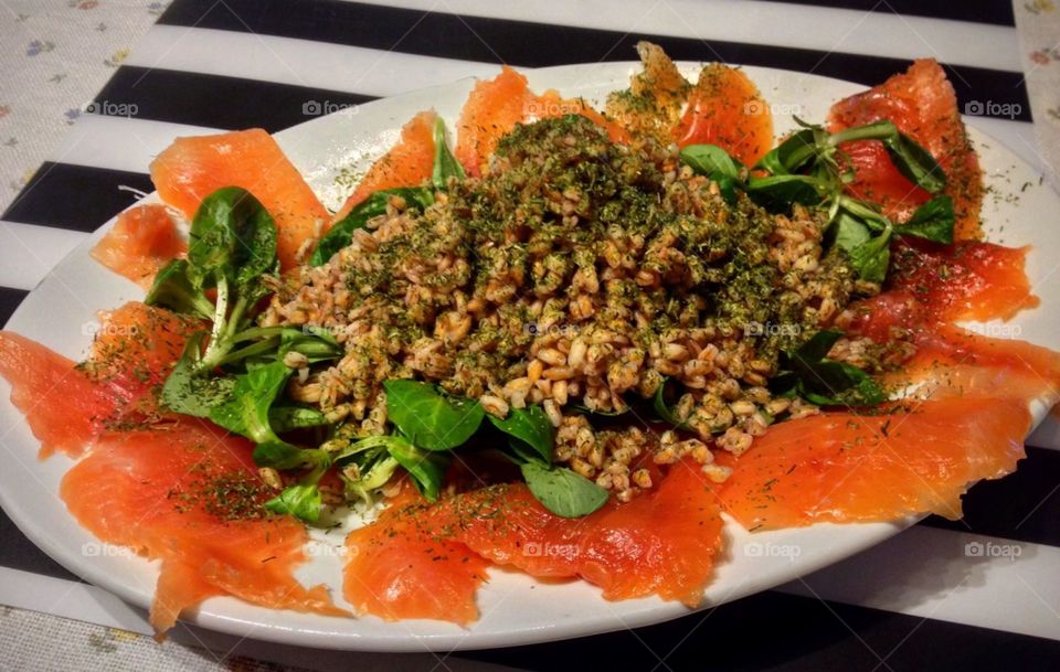 farro salad with smoked trout