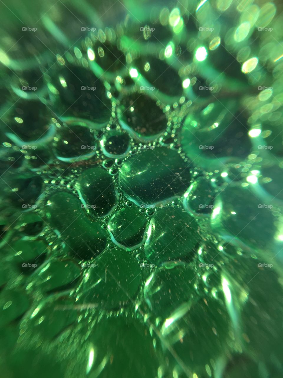 Macro water condensation on a green pastor bottle