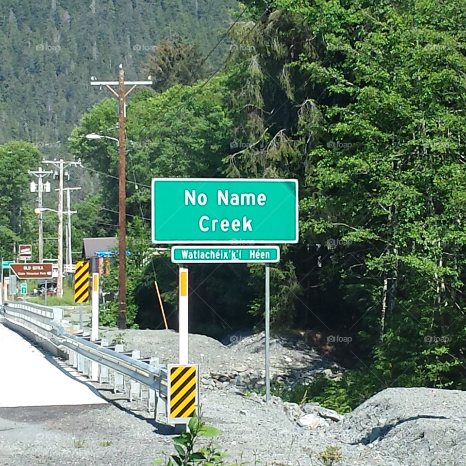 No Name Creek. Sign in Sitka, Alaska