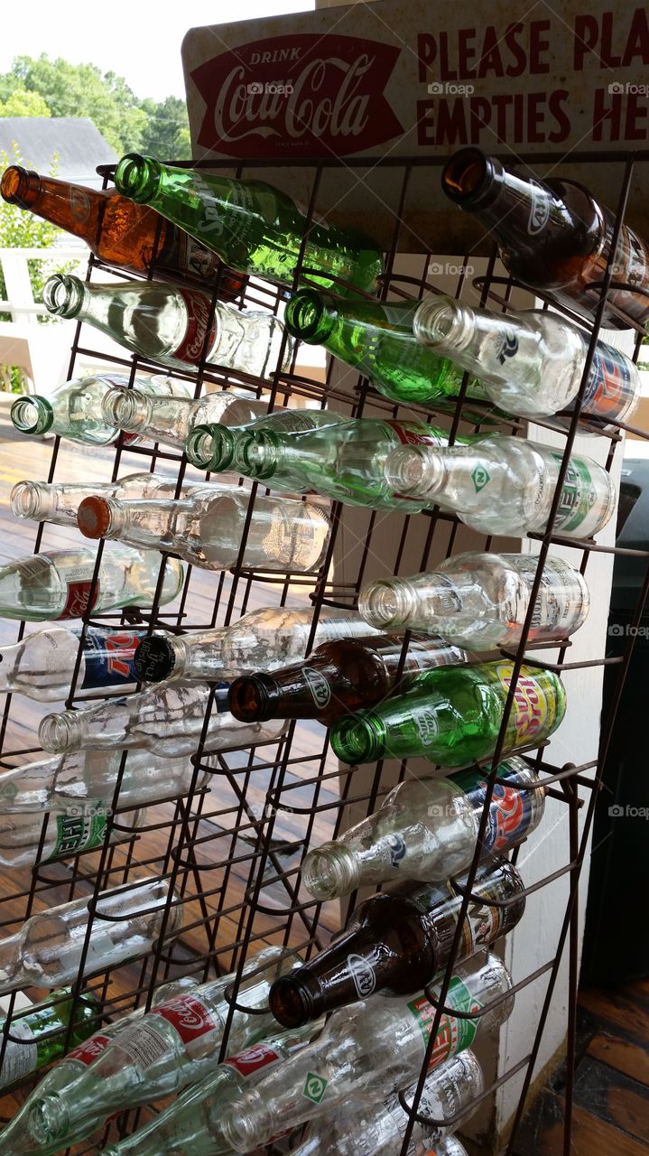 Soda Pop Bottles. Coca-Cola Bottle Rack still in use at Dickey Farms, Musella,Ga