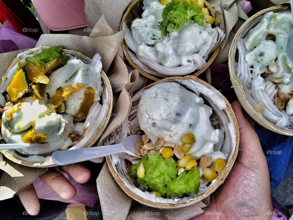 Close-up of ice cream coconut with sticky rice