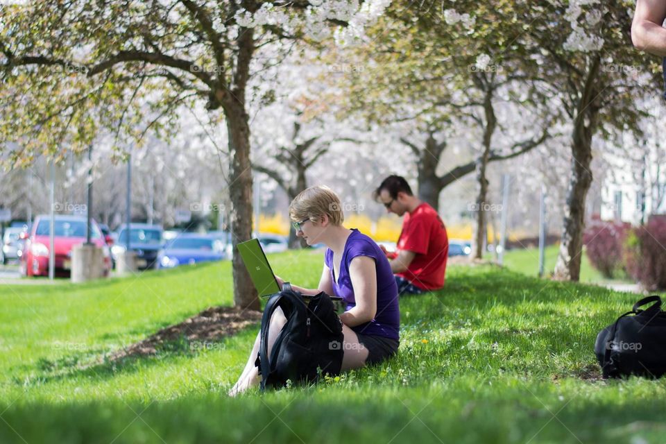 A woman and a man do work outside on a beautiful spring day under cherry trees in the grass