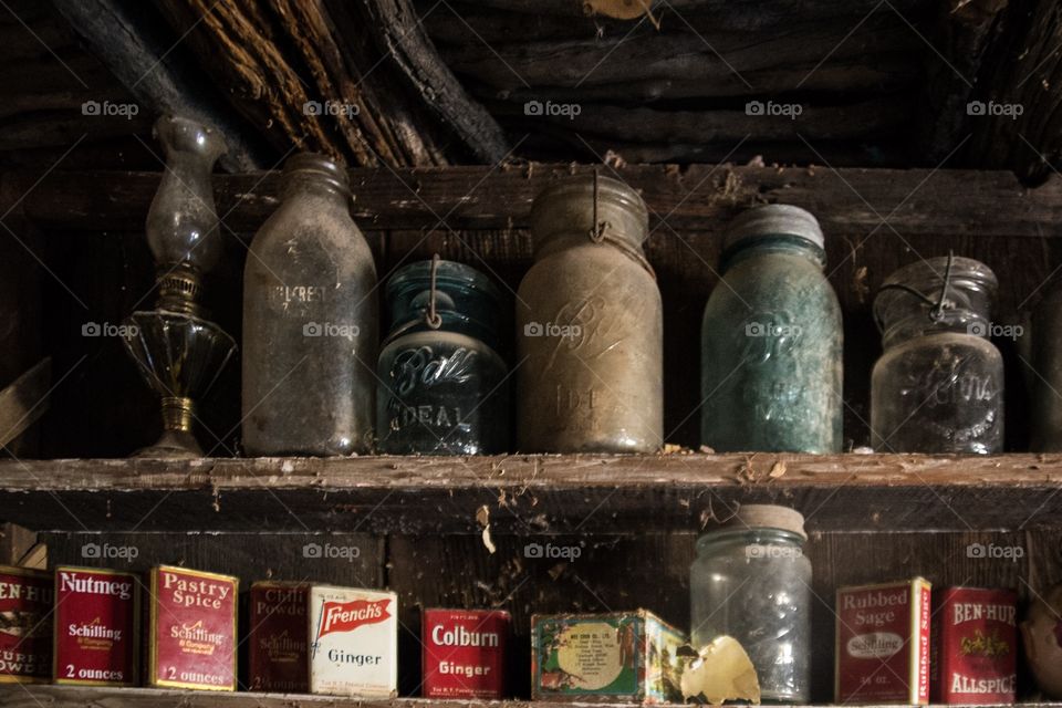 Bottles in a cabin in ghost town 