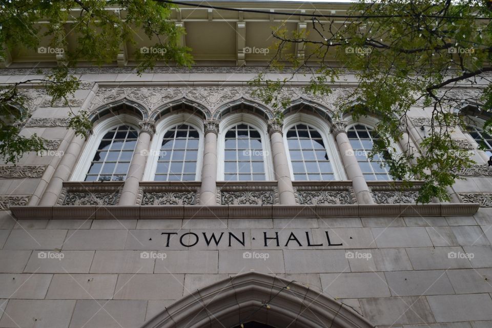 Town hall. Looking up on streets