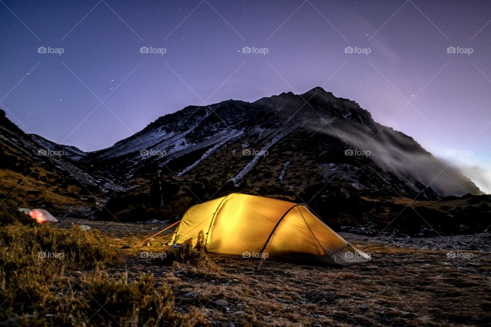 Alpine camping at night scenery