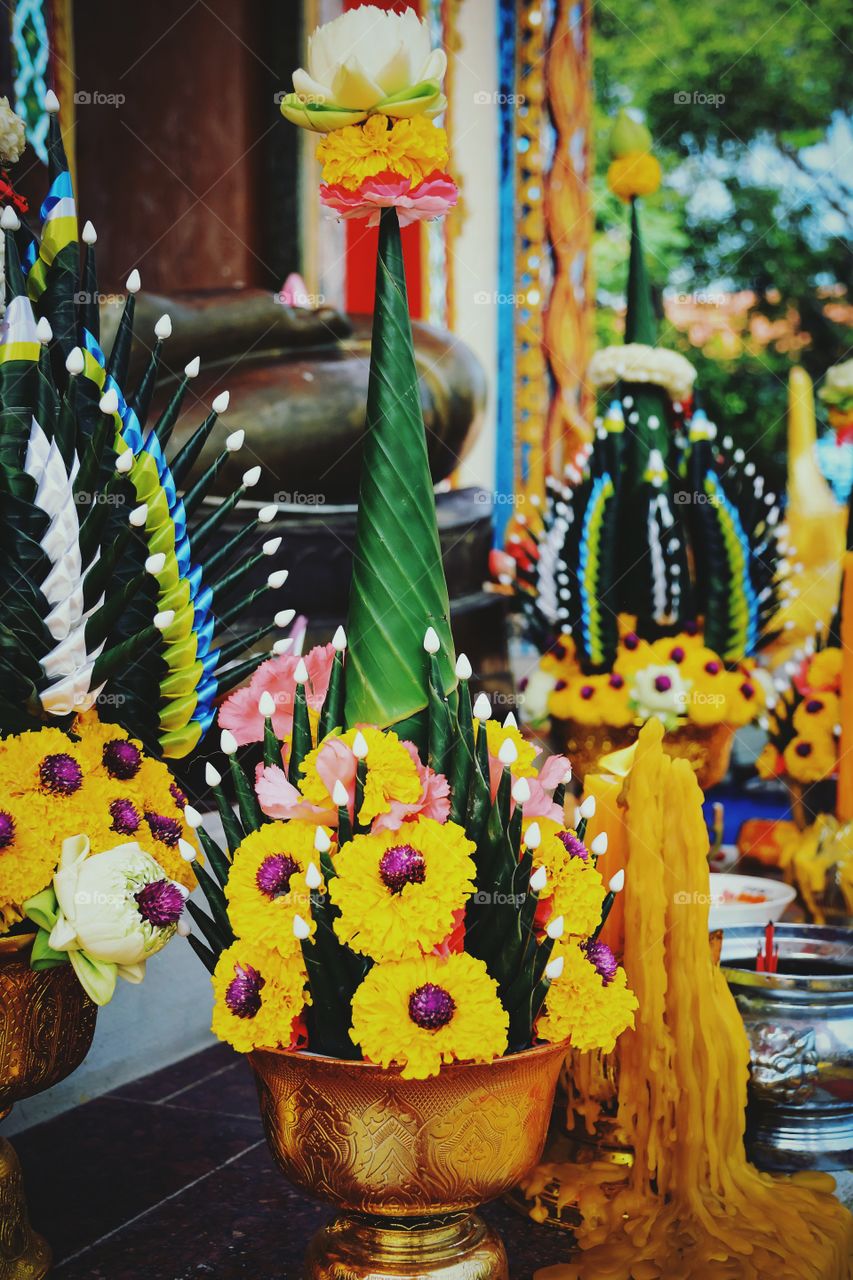 Beautiful bouquet flowers for Worship in Thai temple