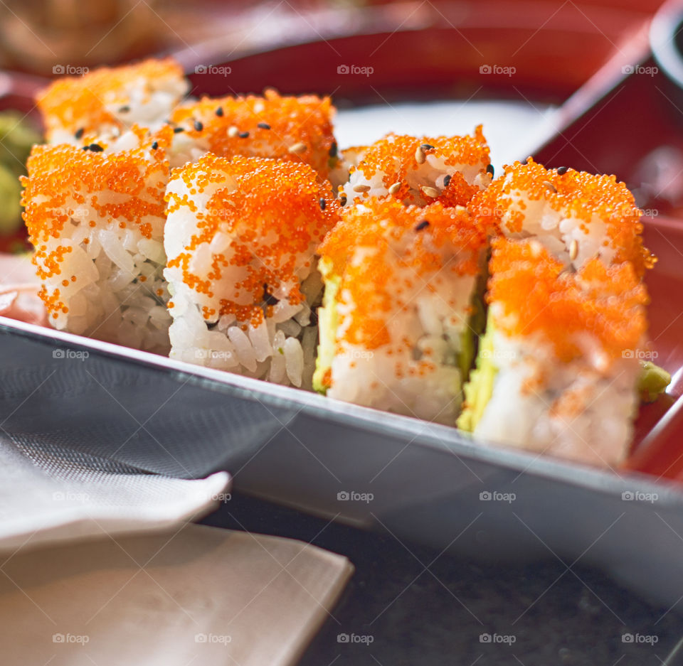 Sushi rolls on tray