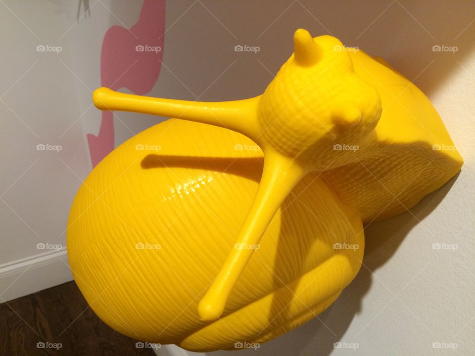 Giant yellow snail sculpture sliding up the wall