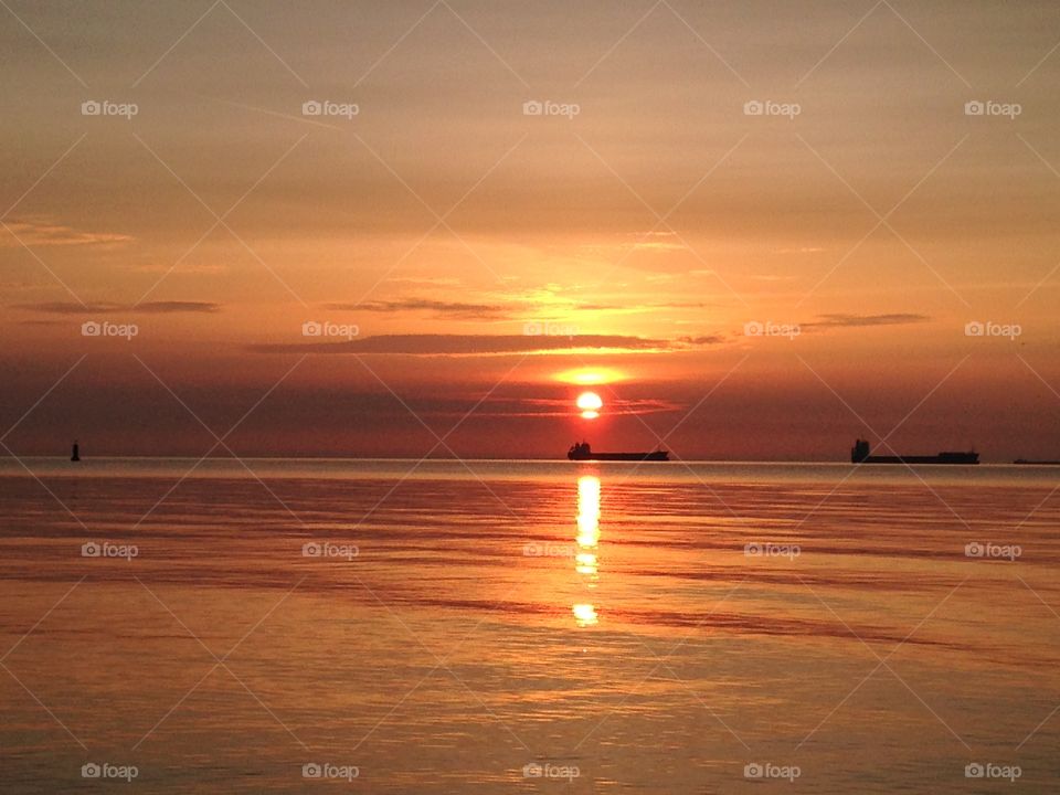 Beautiful sunrise over the sea. The Baltic Sea view in poland 