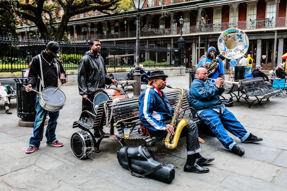 Street Jazz musicians performance at Jackson square in New Orleans Louisiana USA 