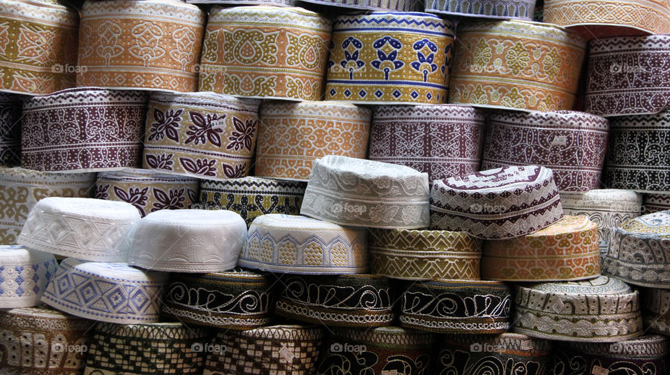 Hats on sale in Mutrah souk in Muscat, Oman
