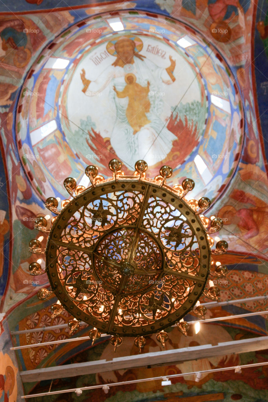 Chandelier under dome inside the Transfiguration Cathedral  of the Saviour Monastery of St. Euthymius, Russia, Suzdal
