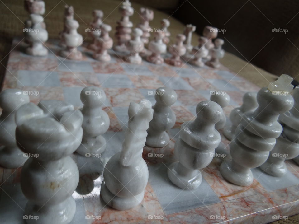 Chess Board, set up. A marble chess set, ready to play