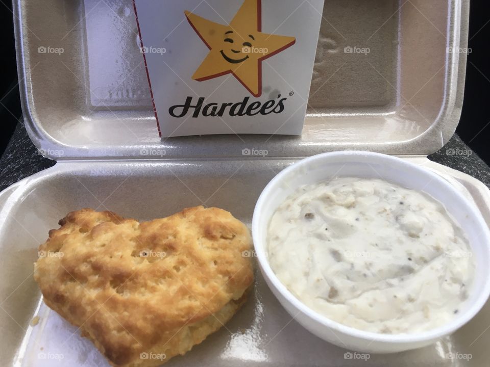 Heart shaped biscuit with gravy At Hardee’s 