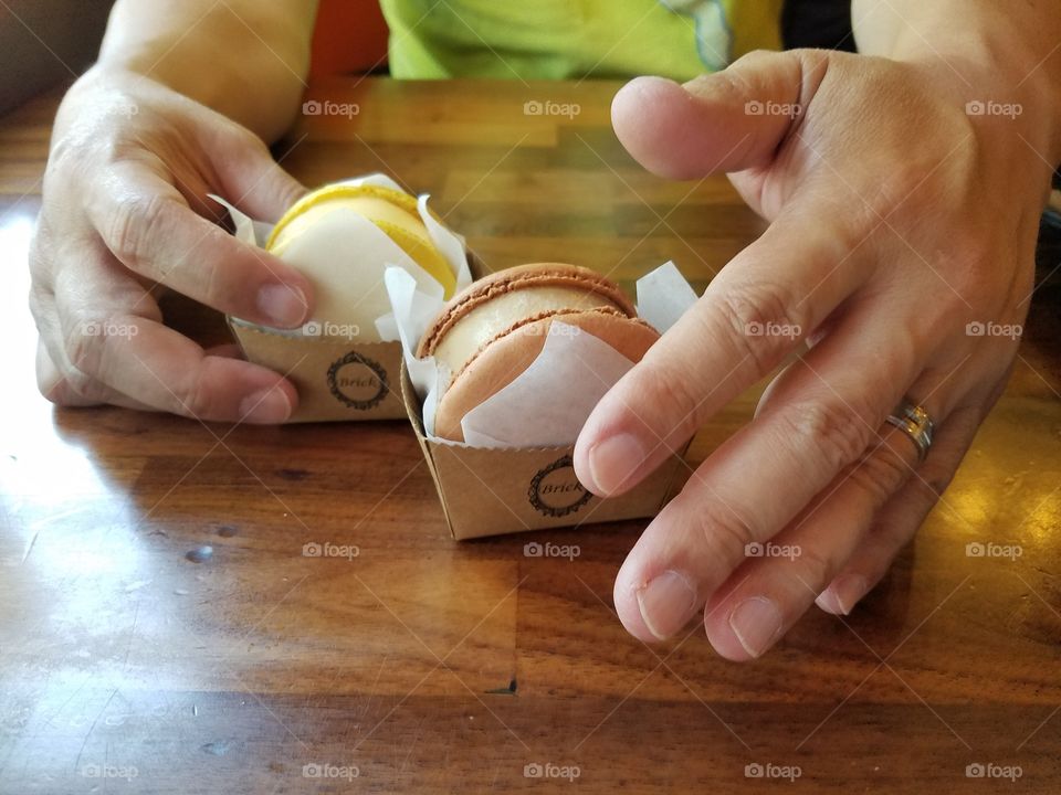 Enjoying ice cream macaroons