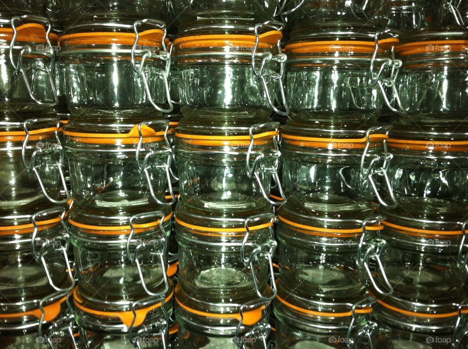 Many mason jars on shelf