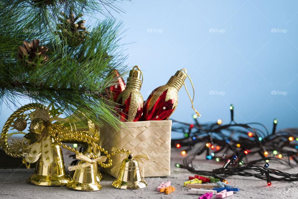 set of Christmas tree decoration on a blue background