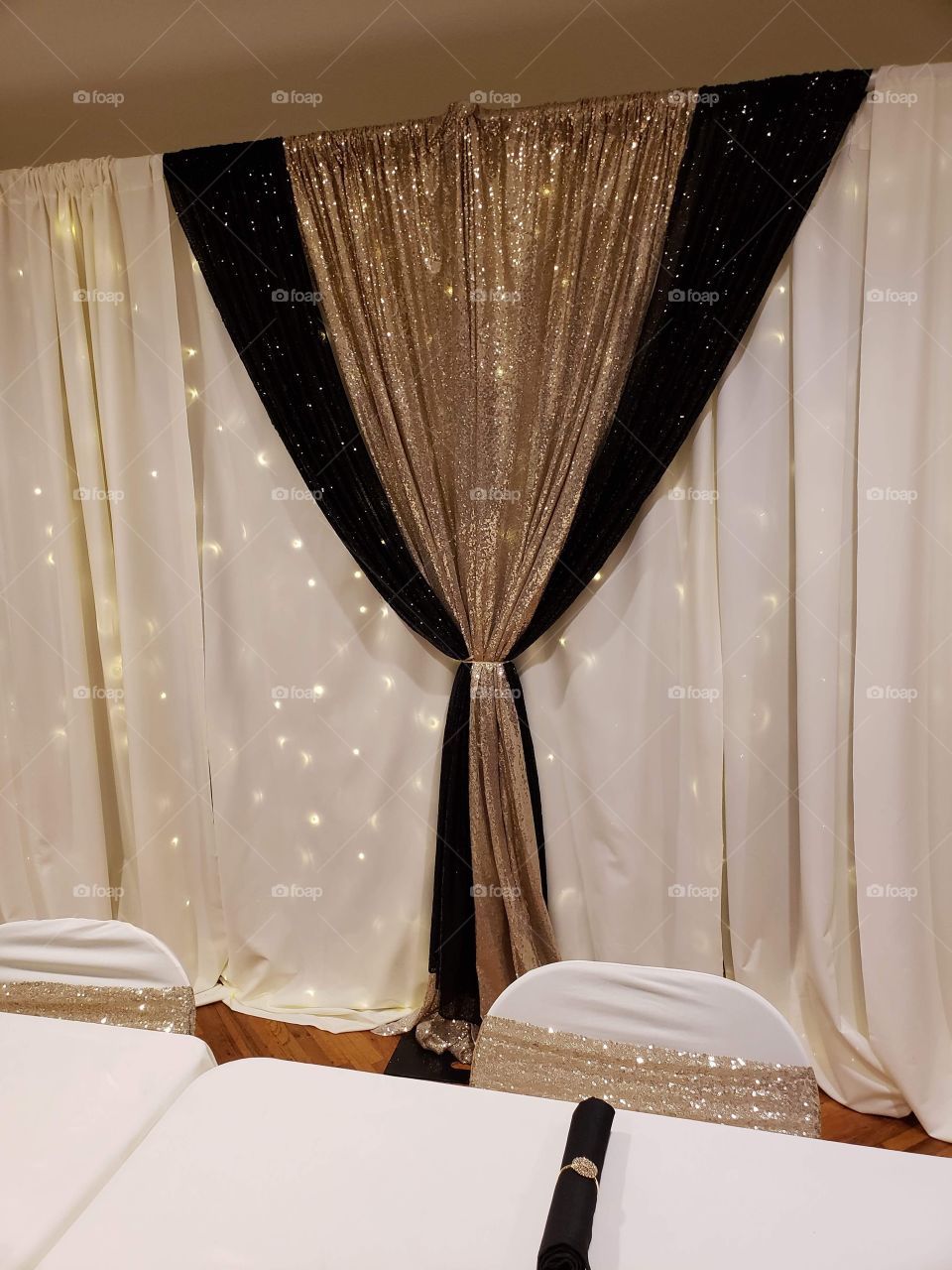 Gold black ivory shimmering backdrop curtain