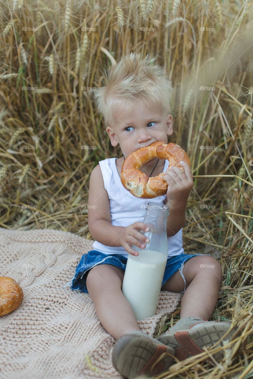 Autumn, summer mood, cutest boy eat cake and drink milk 