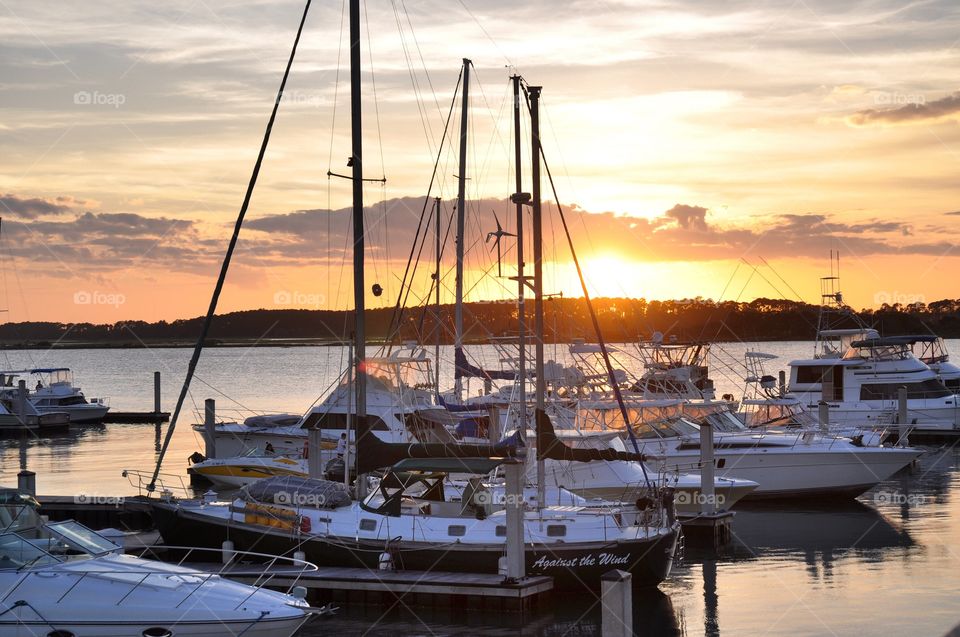 A marina in Charleston South Carolina at sunset. 