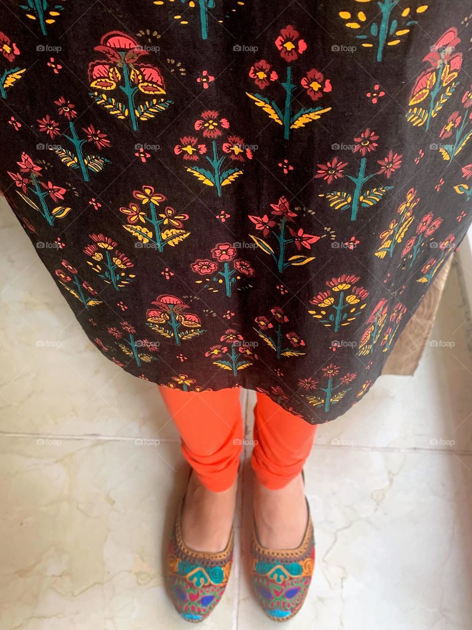 Indian Ethnic wear - Hand made block print kurta with hand made embroided shoes from Jaipur , Rajasthan, India