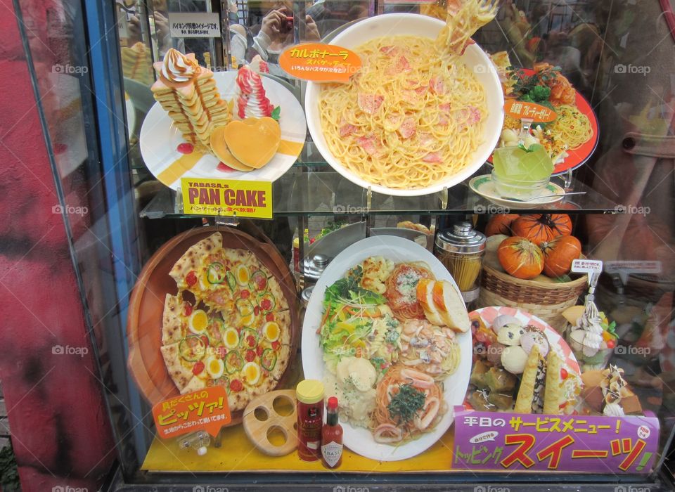 Harajuku, Tokyo, Japan.  Lifelike Restaurant Food Display. Pancakes, Pizza, Noodles...