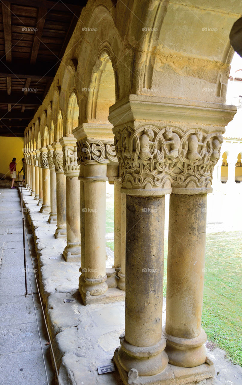 Columns of the cloister of the Colegiate Church of Santillana del Mar, Cantabria, Spain.