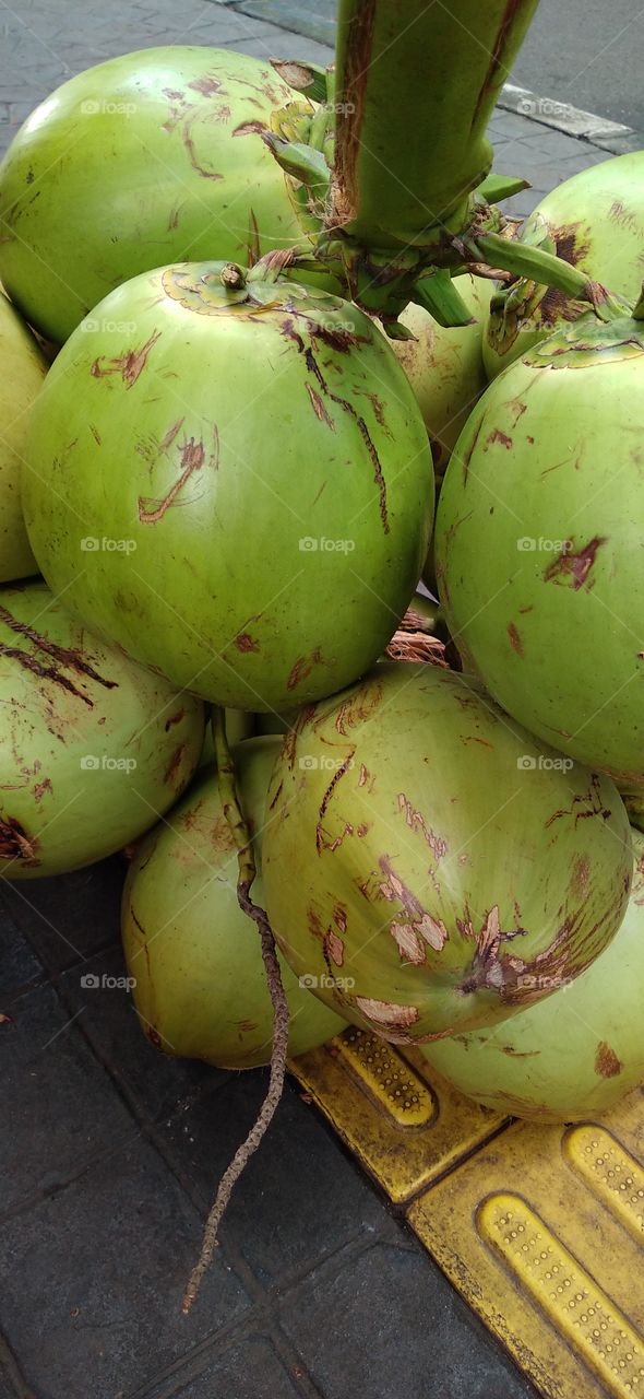 Piles of green coconuts on display.