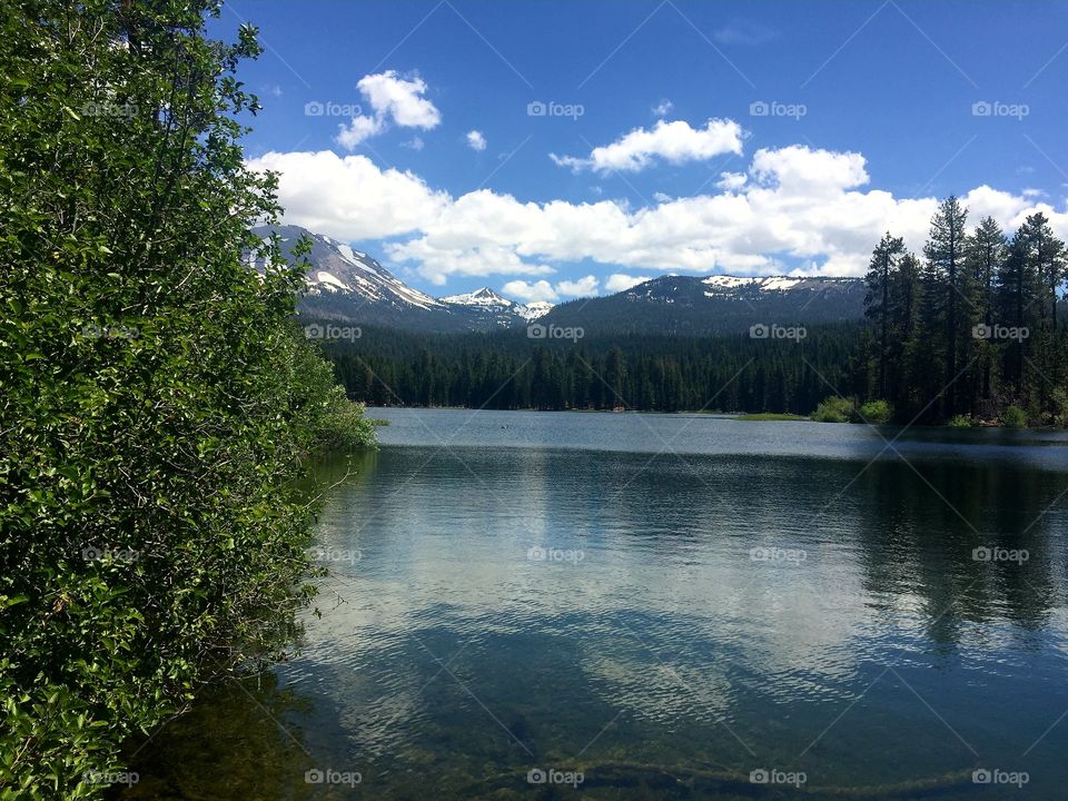 Fishing in a lake with a view of Mt. Lassen in Shasta County, CA during the summer.