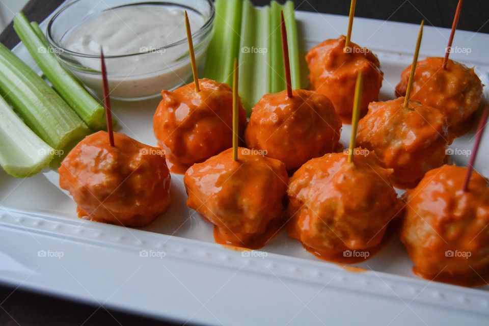 Buffalo Chicken Meatballs stuffed with Blue Cheese