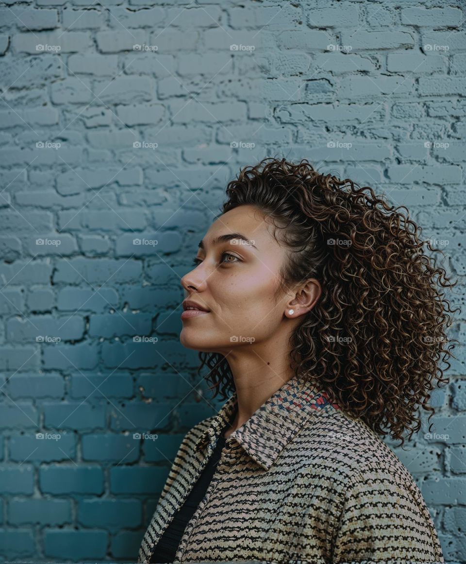 a woman standing in front of a blue brick wall