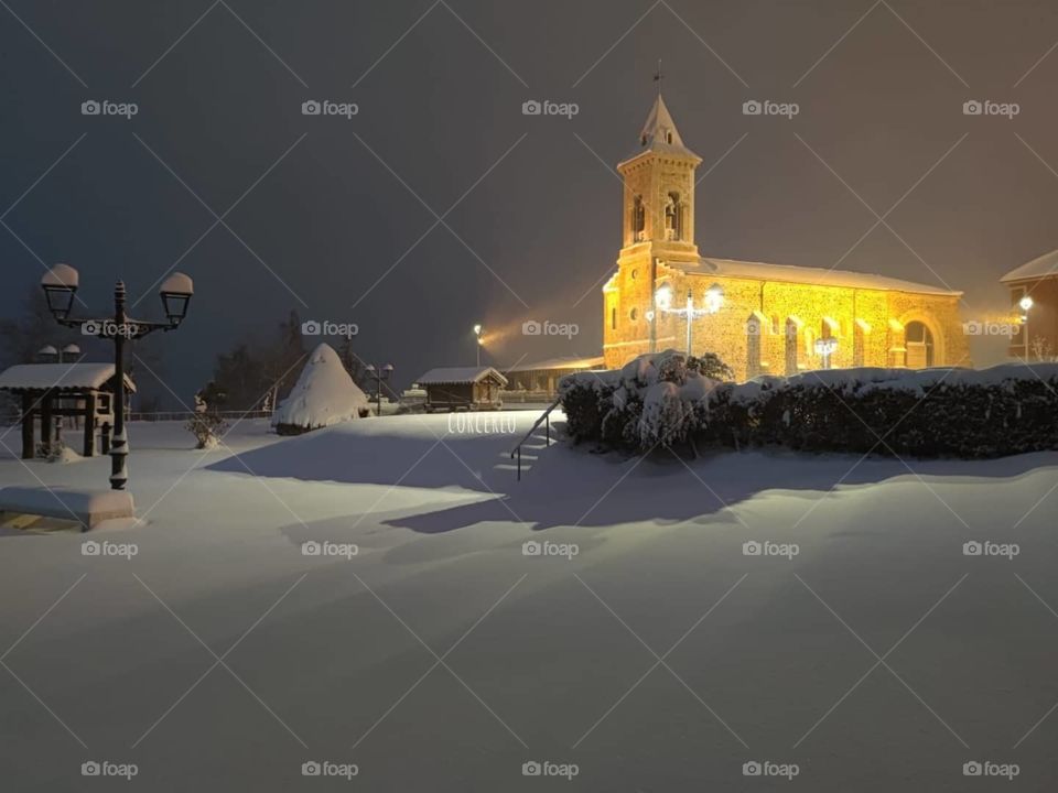 Beautiful dusk background in snowy Riaño