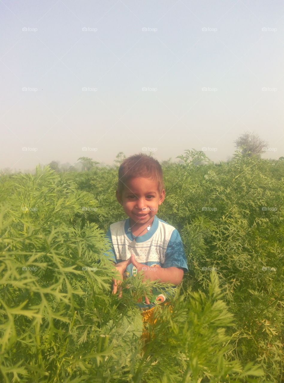 Innocent boy standing in field