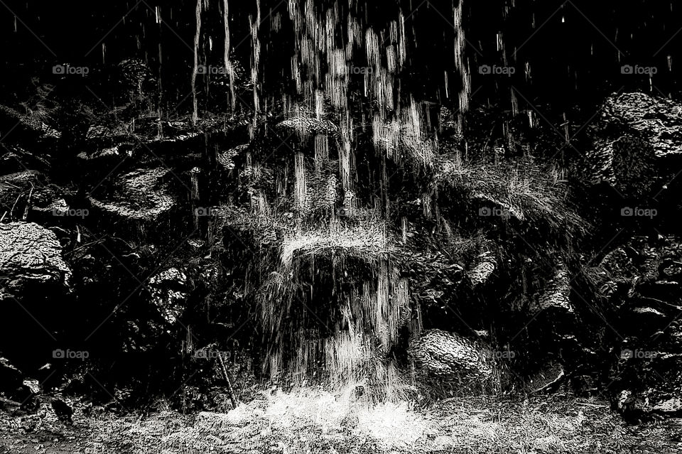 Black & white of a stream waterfall falling over rocks, logs and roots on a steep bank. I experimented with different camera settings & filters to make an interesting textured photo using reflective filters to add light & expose dark surfaces. 