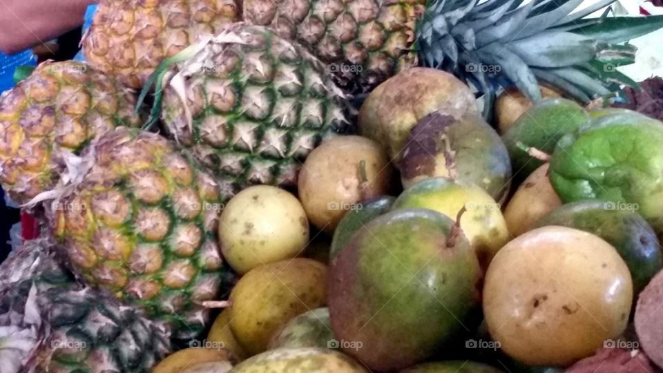 Exotic fruits, pineapple, passion fruit, acocado, mango