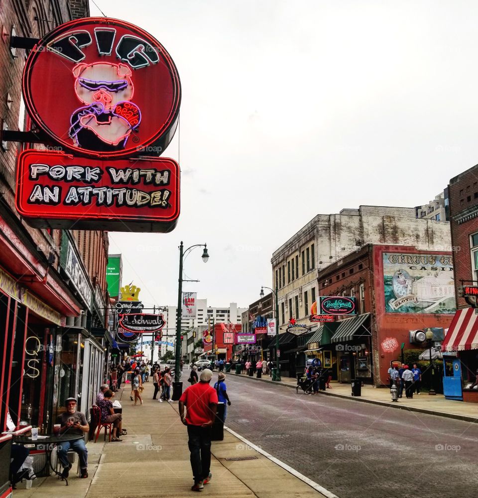 Red pig sign over historic Beale street in Memphis Tennessee