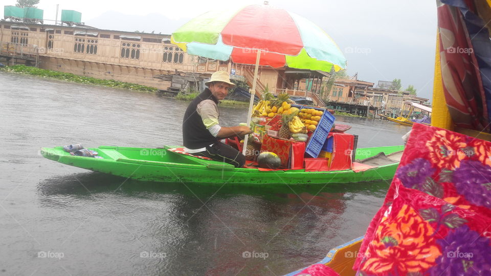 A  Fruit  vendor  on  Shikara  in Dal Lake  Srinagar  Kashmir India in middle of Hot Summer ...
