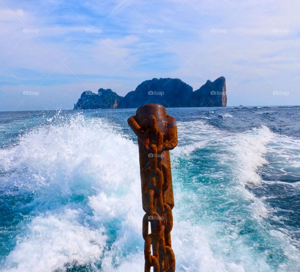 Traveling by boat to Phi Phi Thailand. The scenery was amazing. Water in motion in the wake of the boat is so calming, peaceful and relaxing.
